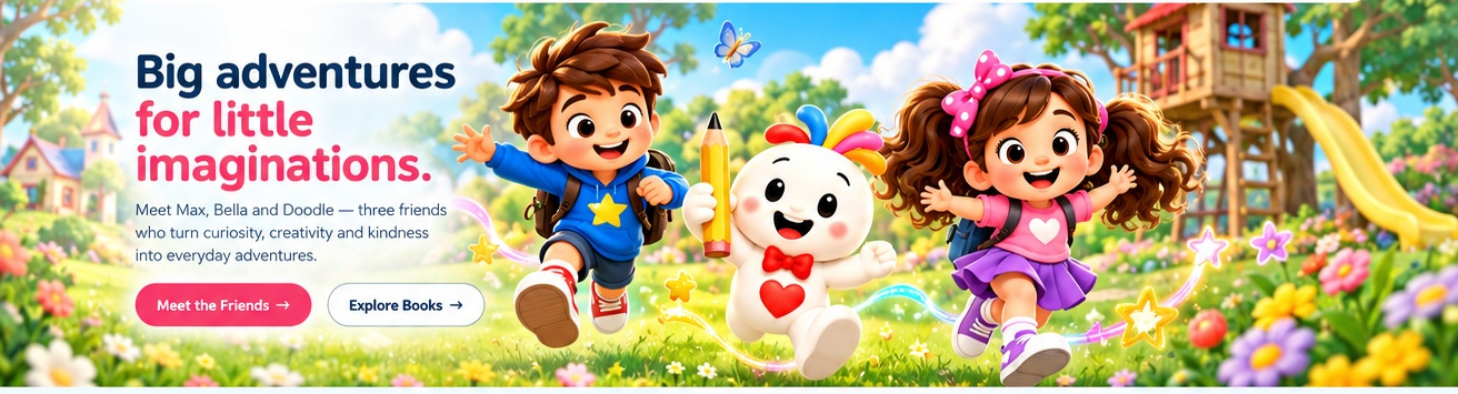 Max, Doodle and Bella running through a colorful adventure